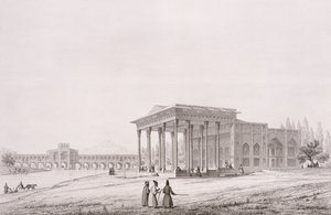 Buitenaanzicht van het Paviljoen van Spiegels, Isfahan, plaat 33 uit 